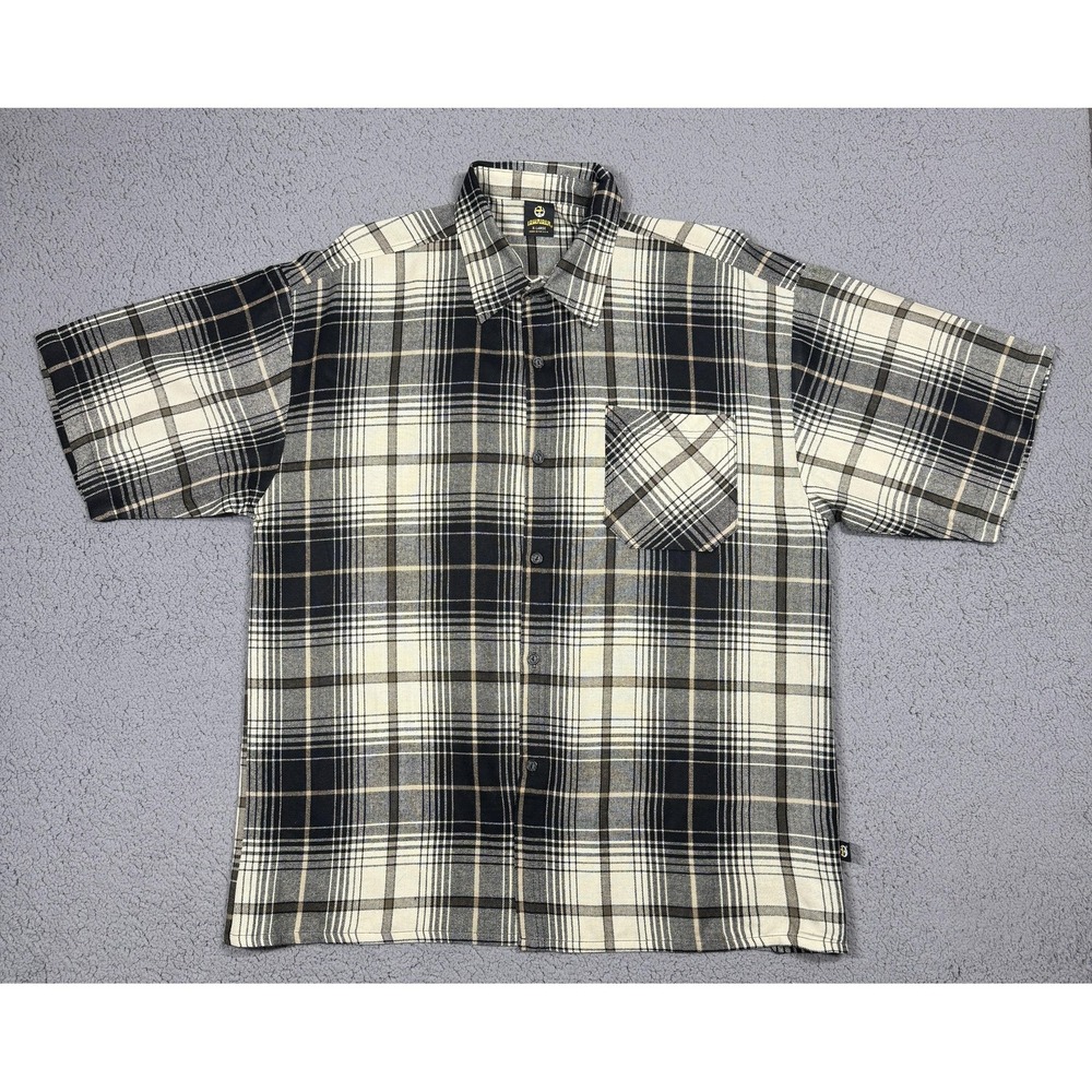 VTG Lowrider Shirt Mens XL Black Plaid Short Sleeve Button Up Flannel 8001 USA